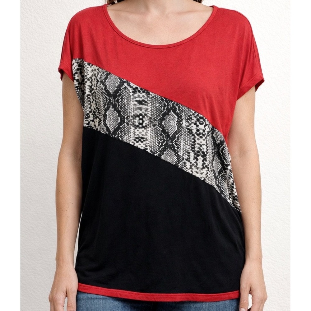 Suzanne Betro Colorblock Top XL Snake Print Red Black Blouse